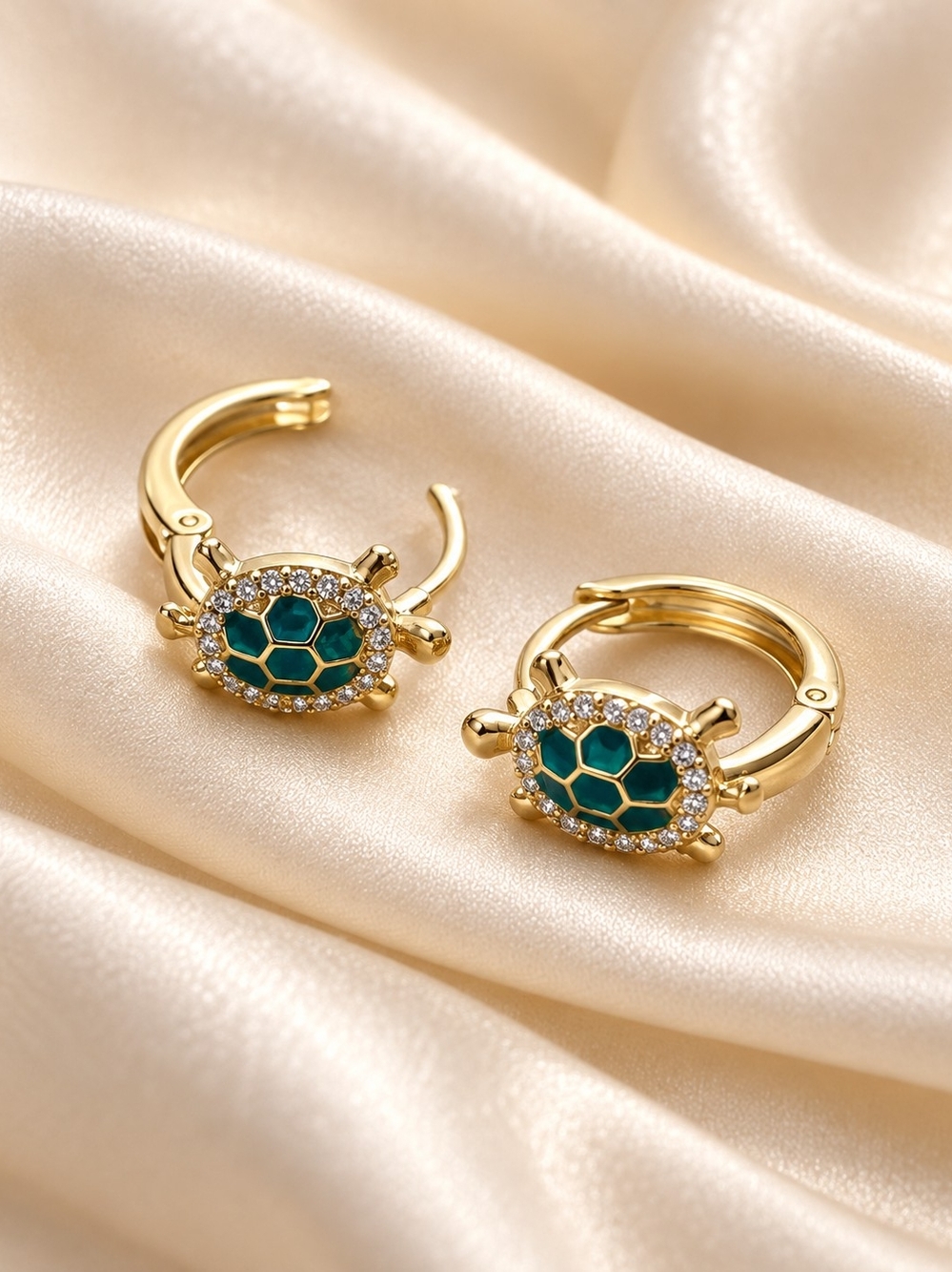 14k. Gold Laminated Turtle Hoop Earrings with Green Enamel and Crystal Accents